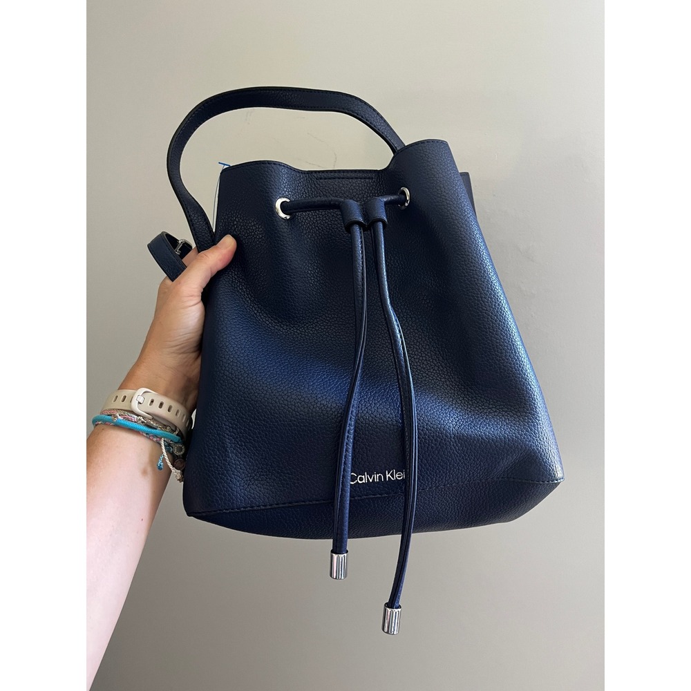 Calvin Klein Leather Bucket Bag Navy Blue Drawstring Everyday Chic Office Modern